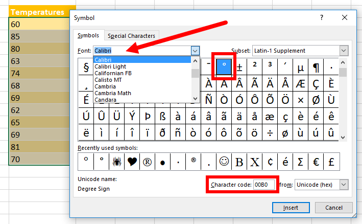 angle symbol in excel