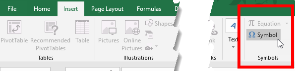 Excel Insert tab / Symbols (image)