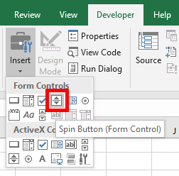 Spin Button in the Developer tab