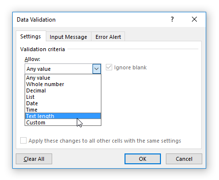Excel Data Validation Window / Allow option
