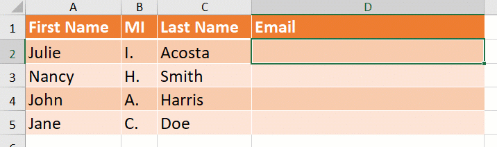 Example of how to use Flash Fill in Excel to generate email addresses (gif)