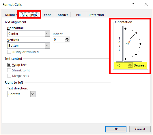 Format Cells, in the Alignment Tab, the Angle Cells Options (image)