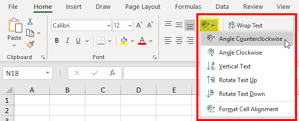 Angle Cells From Excel Ribbon - Options