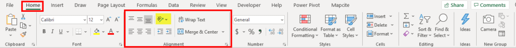 Excel Home Tab / Alignment Section / Angle Cells