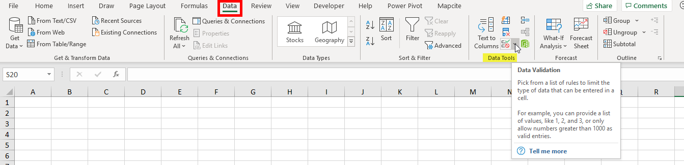 Find Data Validation in Excel Ribbon in Data tab / Data Tools section