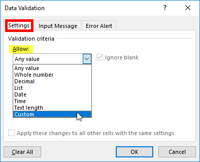 Data Validation / Settings tab