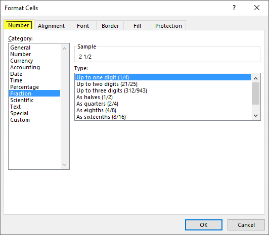 Excel Format Cells Options / Fractions