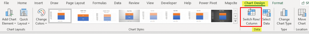 Excel Ribbon: Chart Design tab, then switch the Row / Column in Chart (image)