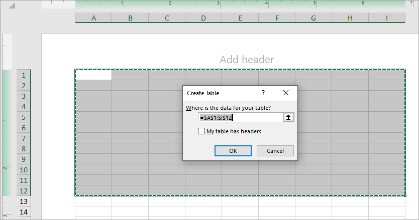 Example of Using Ctrl+T to Create Table in Excel (image)