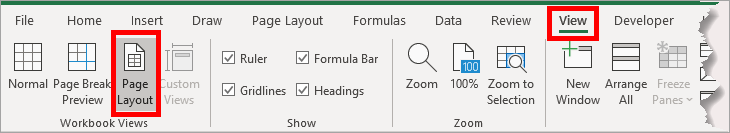 Excel Ribbon - Page Layout Sheet View (image)