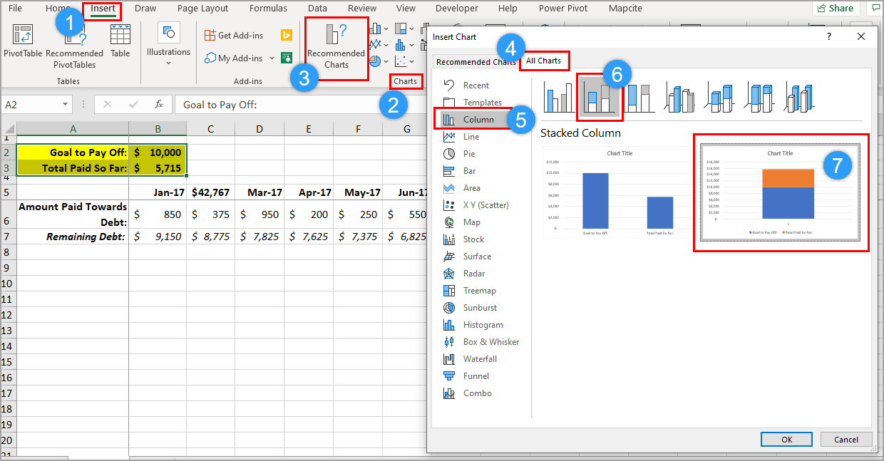 Steps to Insert Stacked Column Chart in Excel (image)