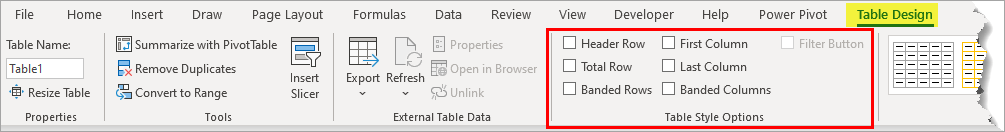Table Design Style Options in Excel Ribbon (image)