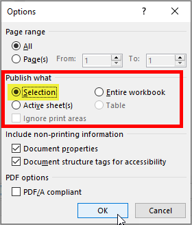 Save a section of your spreadsheet as PDF / Options / Choose"Selection" from Publish What Section (image)