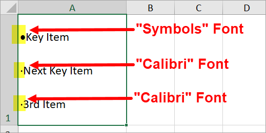 Excel Bullet Symbol in Different Fonts (image)