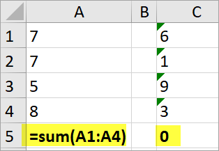 Example of Excel Formulas Formatted as Text Not Working (image)