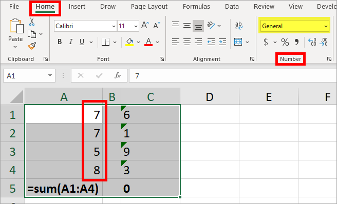Excel Home tab, Number section (image)