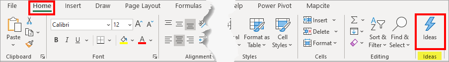 Excel"Ideas" Feature in Home Tab (image)