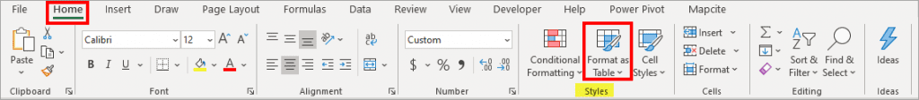 "Format as Table" feature in Home tab (image)