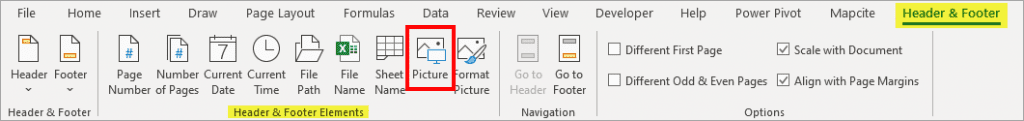 Header & Footer tab - Picture button (image)