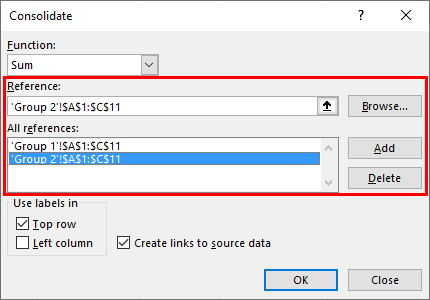 Select the Cell Ranges for your Consolidation