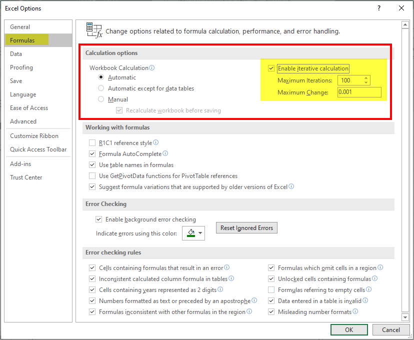 How to turn off circular reference in excel