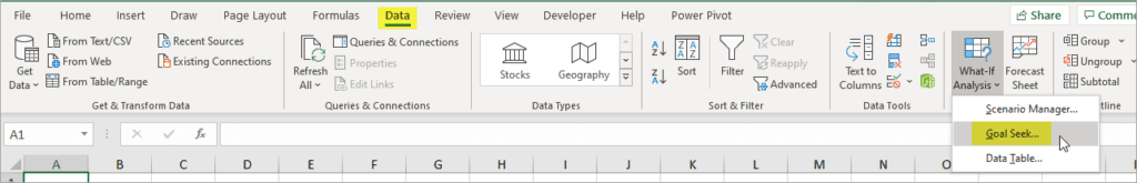 Find Goal Seek in Data tab, Forecast section, What-if Analysis tools (image)