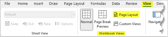 Page Layout View in the View Tab of Excel Ribbon