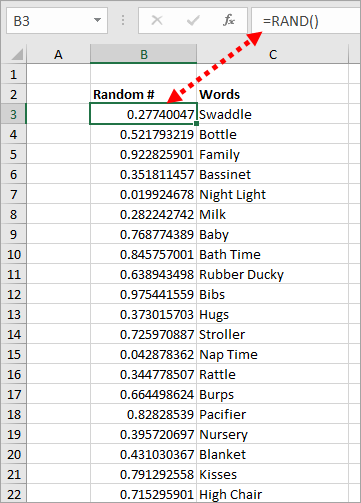 Example of RAND Function Next to Each Word on List (image)