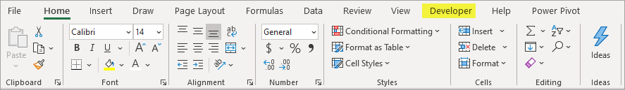Developer tab in Excel Ribbon (image)