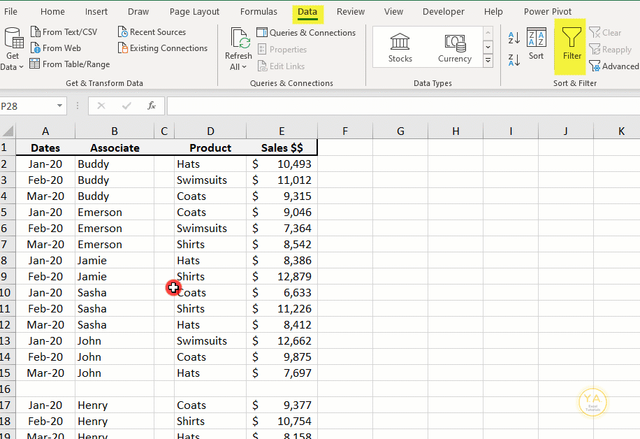 Example of applying auto filter in Excel (gif)