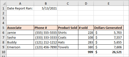 Example of Report with Raw Data After Reformatting