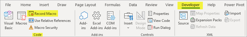 Macro Recorder in the Developer tab, in the Code section