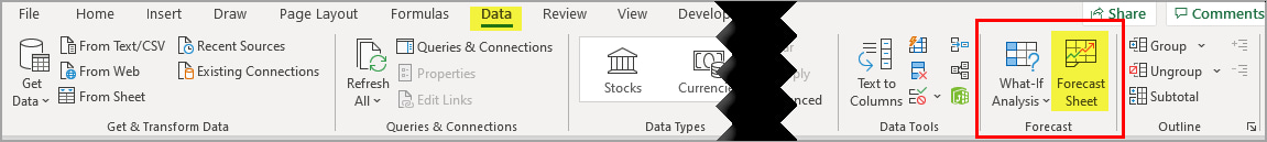 Find Excel's Forecast Data Tool in the Data tab