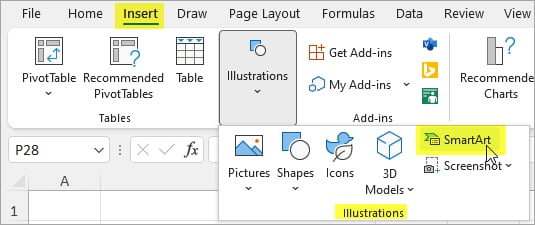 Excel SmartArt in the Insert tab, in the Illustrations Section