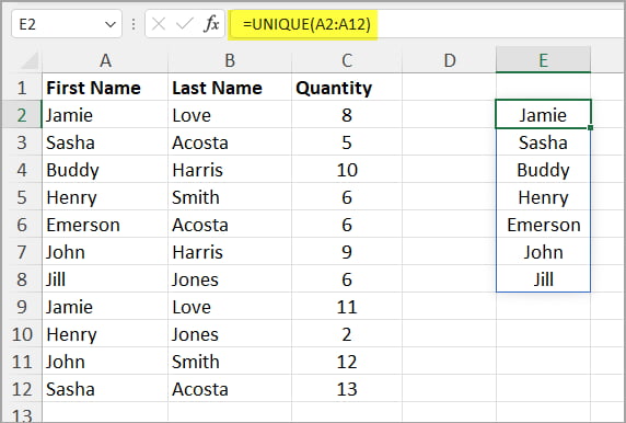 Example of Basic UNIQUE Function in Excel