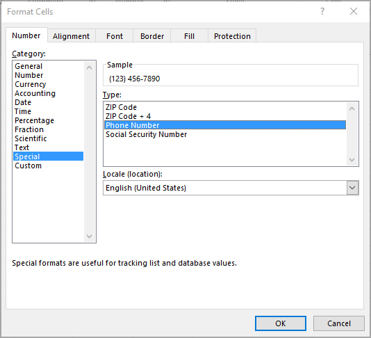 Format Cells Window, Phone Number Format