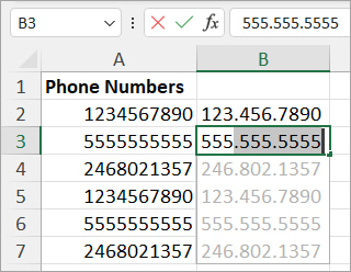 Example of Using Flash Fill to Hard-Code Phone Numbers with Periods in Excel