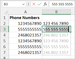 Example of Using Flash Fill to Hard-Code Phone Numbers with Spaces in Excel