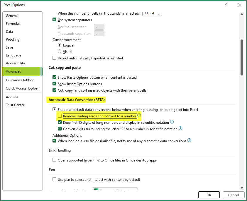 Image: Find the Leading Zeros Beta Setting in Excel Options, in the Advanced category, in the"Automatic Data Conversion (Beta)" section.