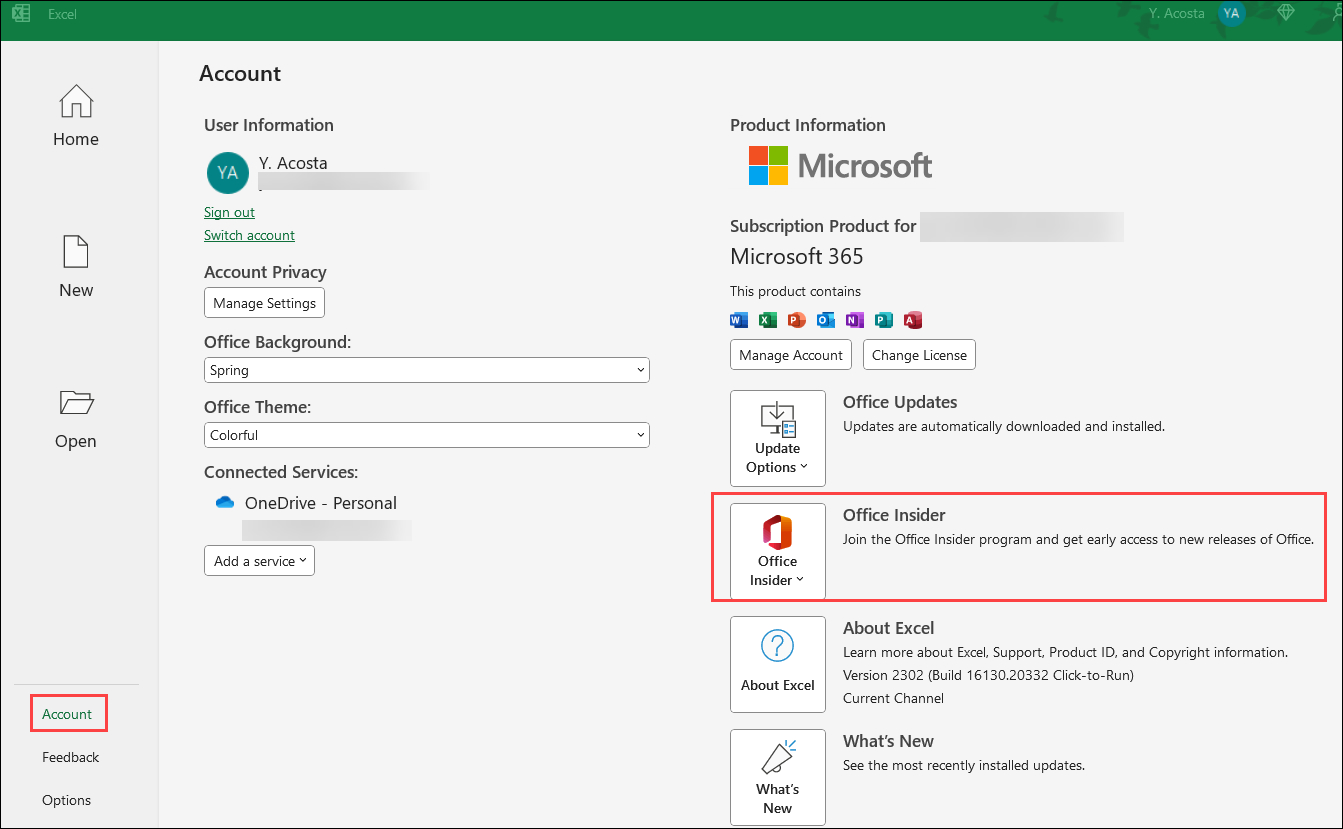 Find Office Insiders Button in the File menu, in the Account area (image)