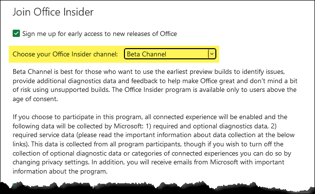 Select Office Insider Beta Channel for be Part of Testing New Features and Functions in Excel (image)