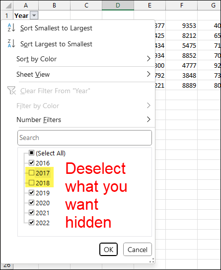 If Using Filter, Deselect What You Want Hidden