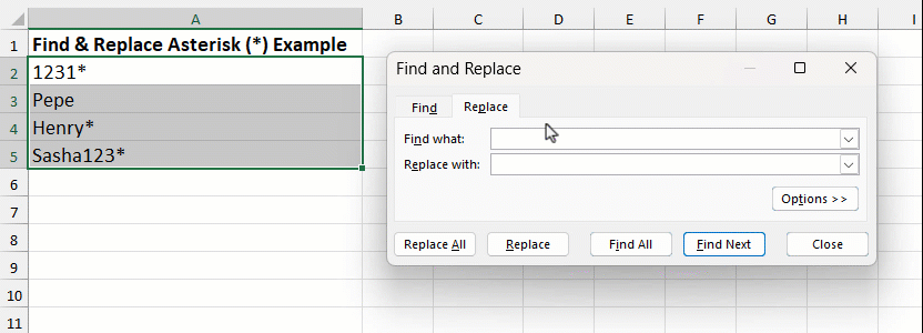 Example of how to remove asterisks in Excel using Find and Replace (gif)