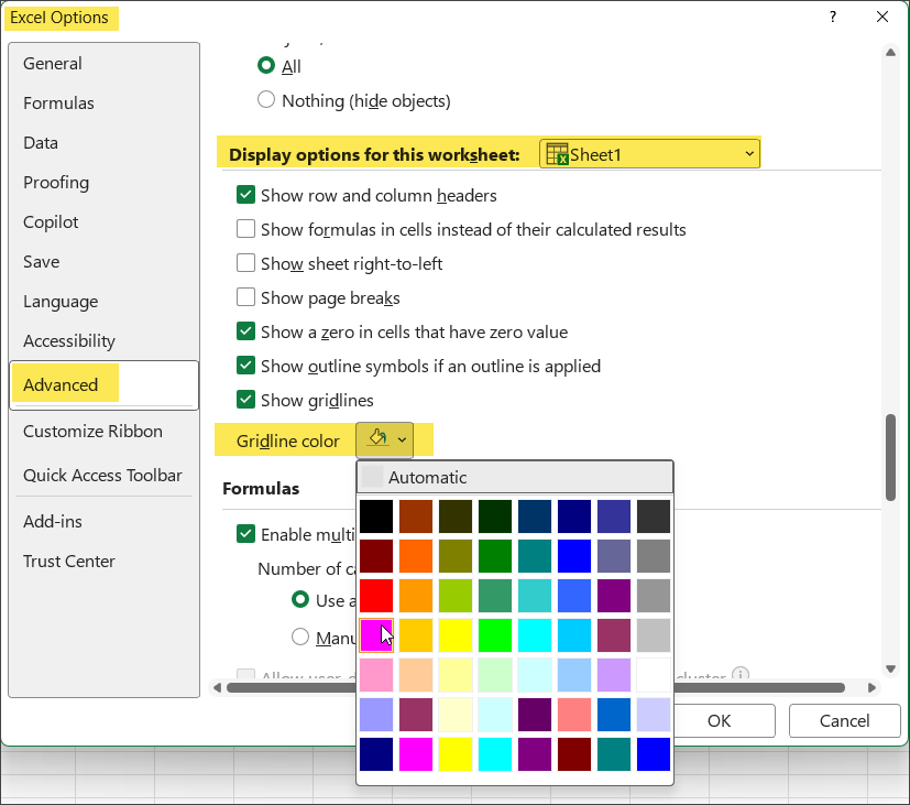 Image of"Display Options for this worksheet" in the Excel Options, Advanced tab.
